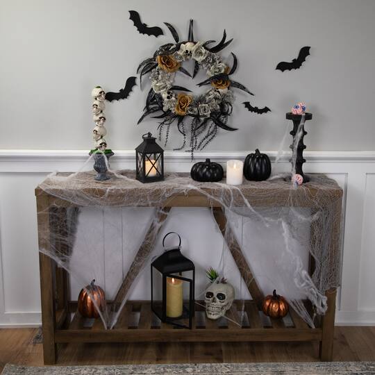 14" Unlit Skulls with Orange & Gray Roses Halloween Wreath